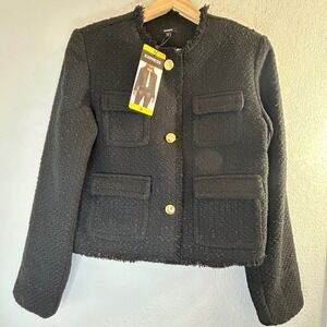 Express Black Tweed Cropped Jacket Gold Button Fringe Trim New Womens Small